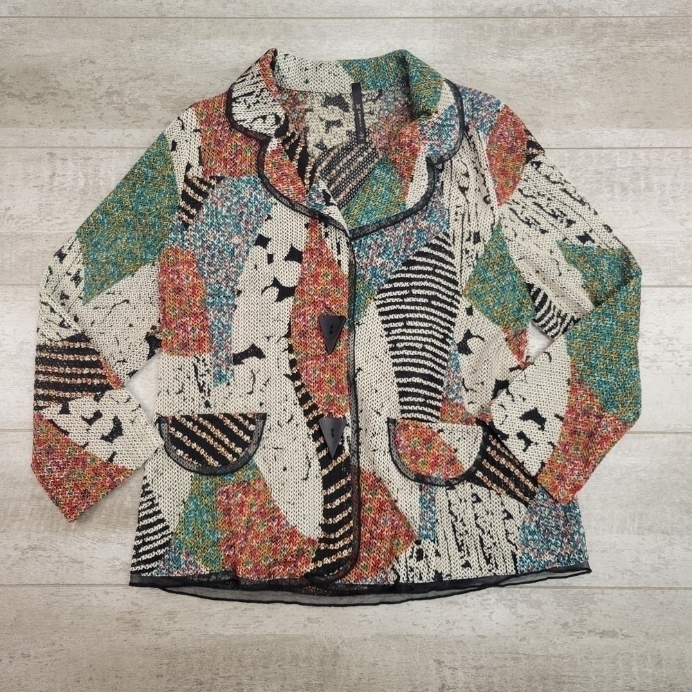IC by Connie K Knit Cardigan Oversized Boho Art Deco Retro Abstract Large